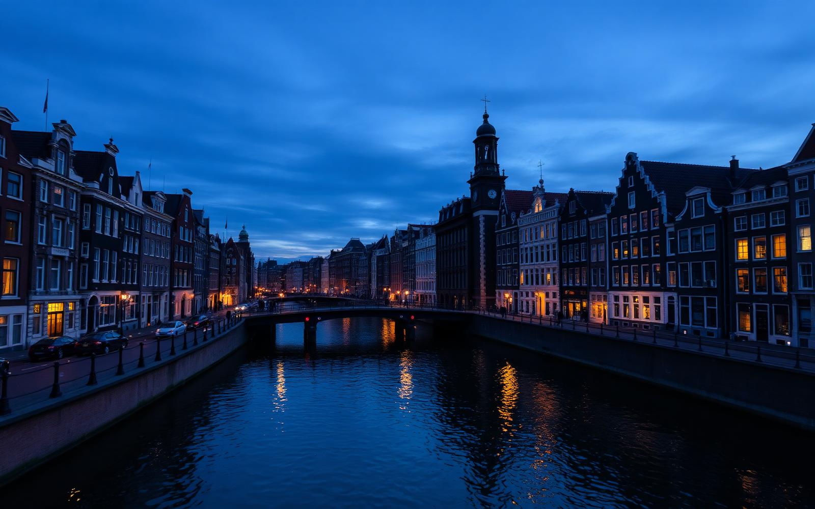Amsterdam skyline at dusk